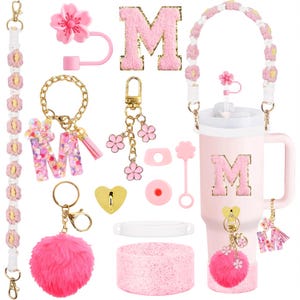 Set di accessori da 5 pezzi per bicchiere Stanley con manico in resina con lettera iniziale dell'alfabeto portachiavi per borse da donna  15
