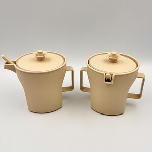 Beige Tupperware sugar and cream set with spoons, retro coffee set, 80s kitchen decor