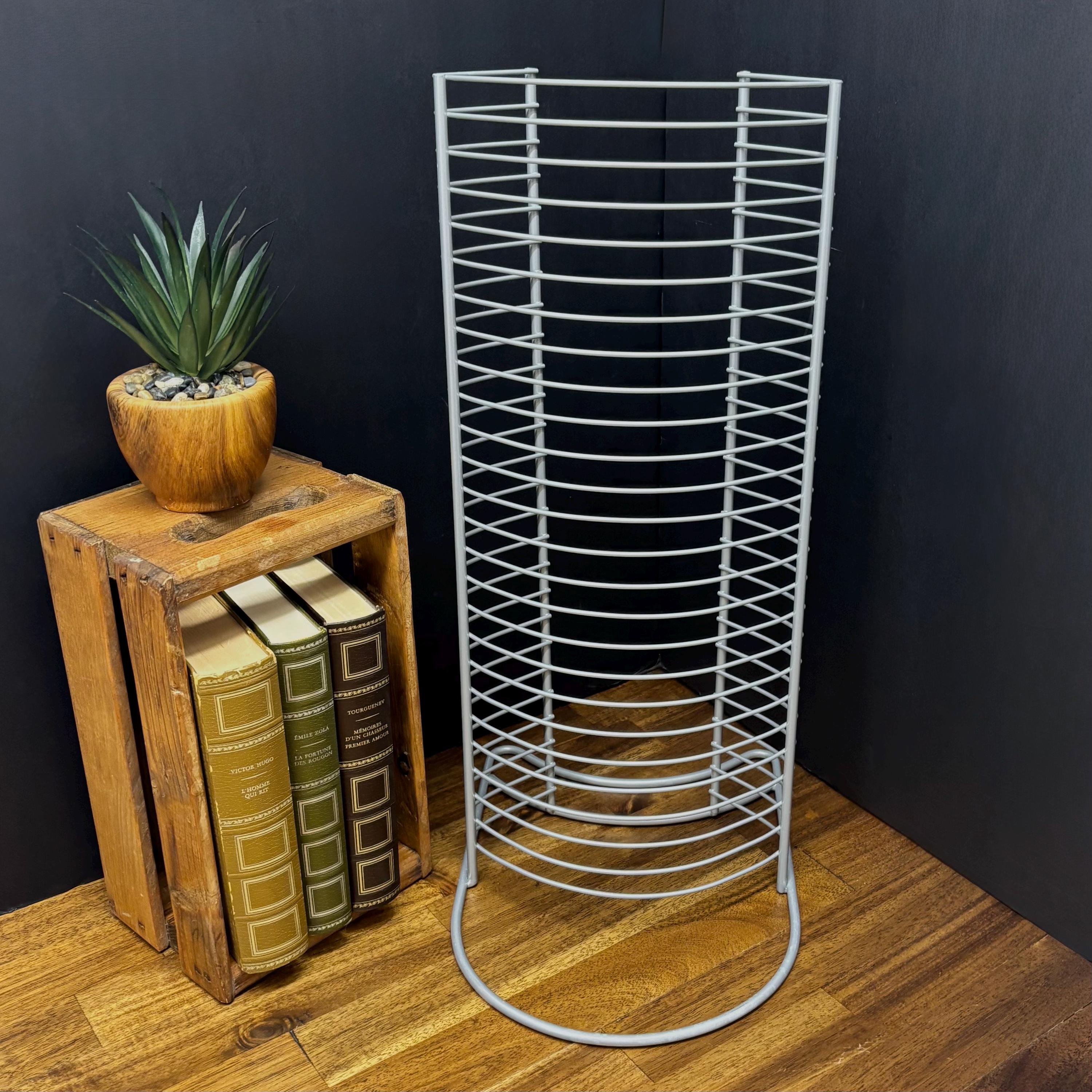 Vintage CD/DVD Storage Tower, Grey Metal Media Stand, Disc Shelf