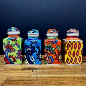 Hand-painted, colorful ceramic spice jars | Set of 4 Indian-style boho jars | Decorative kitchen jars with floral patterns