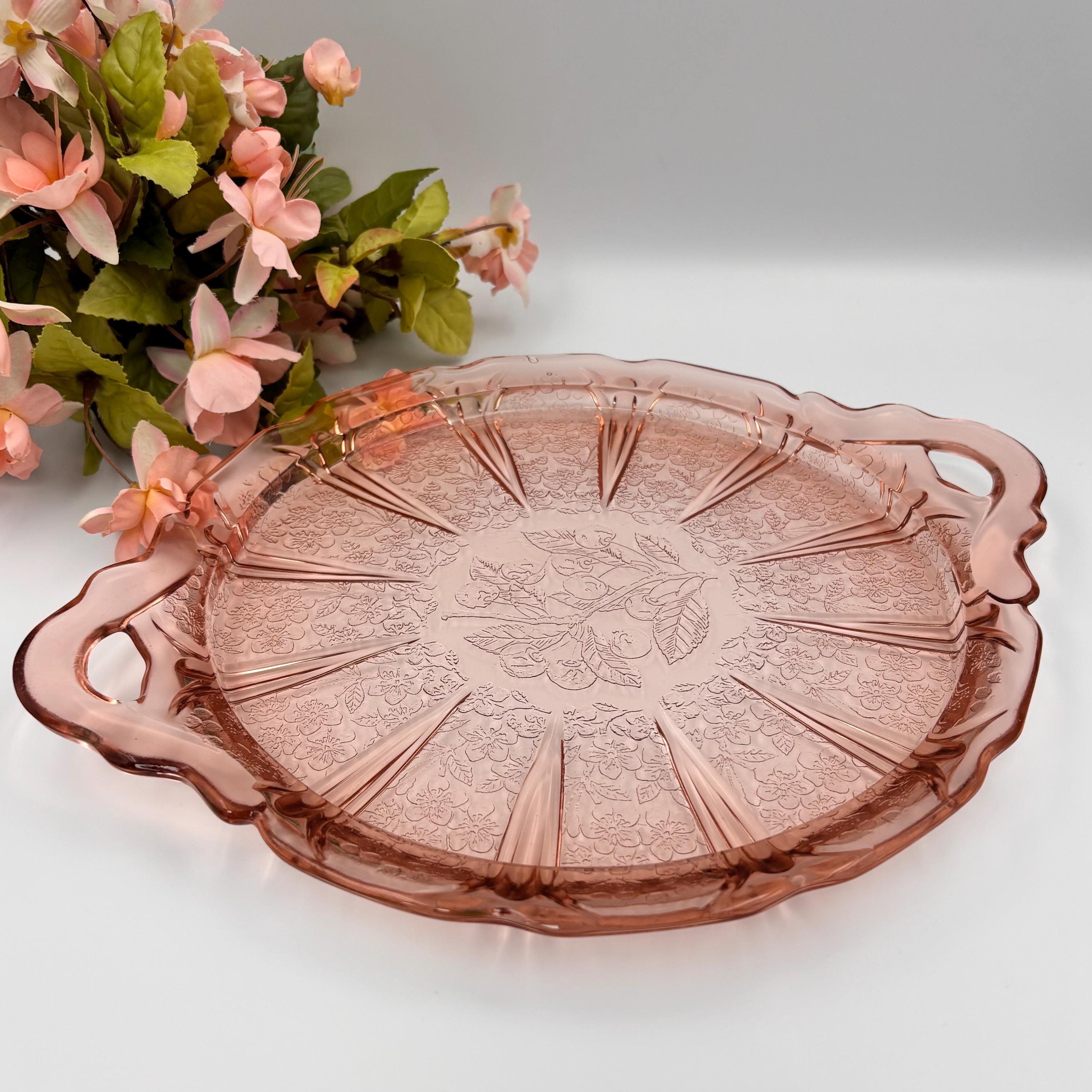 Jeannette Glass Cherry Blossom Pink Cake Stand, Depression Glass