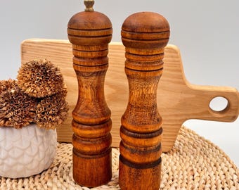 Vintage pepper mill and wooden salt shaker set, retro turned wood salt and pepper shaker