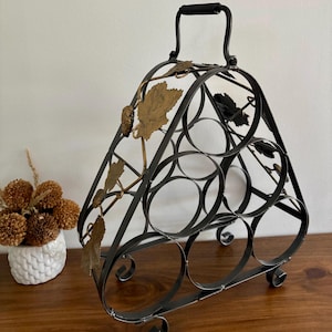 Vintage black and gold wrought iron wine rack with strawberry decor | Rustic 6-bottle wine rack