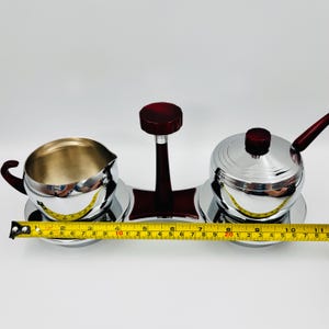 Glo-Hill vintage creamer and sugar bowl, chrome and red bakelite, Mid-Century coffee service with tray and spoon image 13