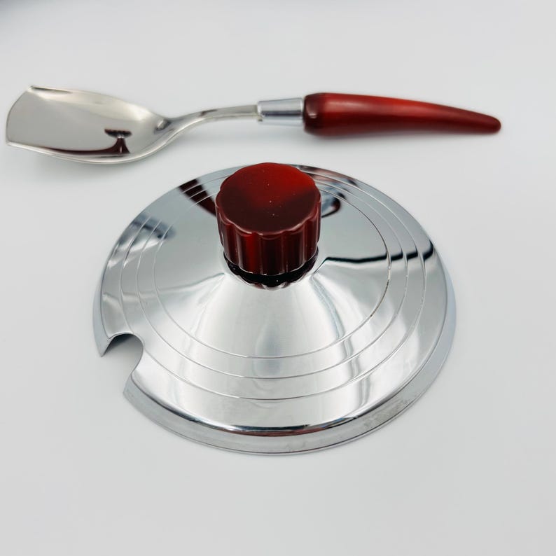 Glo-Hill vintage creamer and sugar bowl, chrome and red bakelite, Mid-Century coffee service with tray and spoon image 9