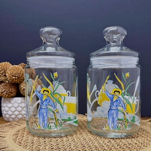 Tarros de cocina vintage Luminarc Francia | Juego de 2 tarros de cristal herméticos | Tarro de café y azúcar retro de los años 70 con diseño de caña de azúcar