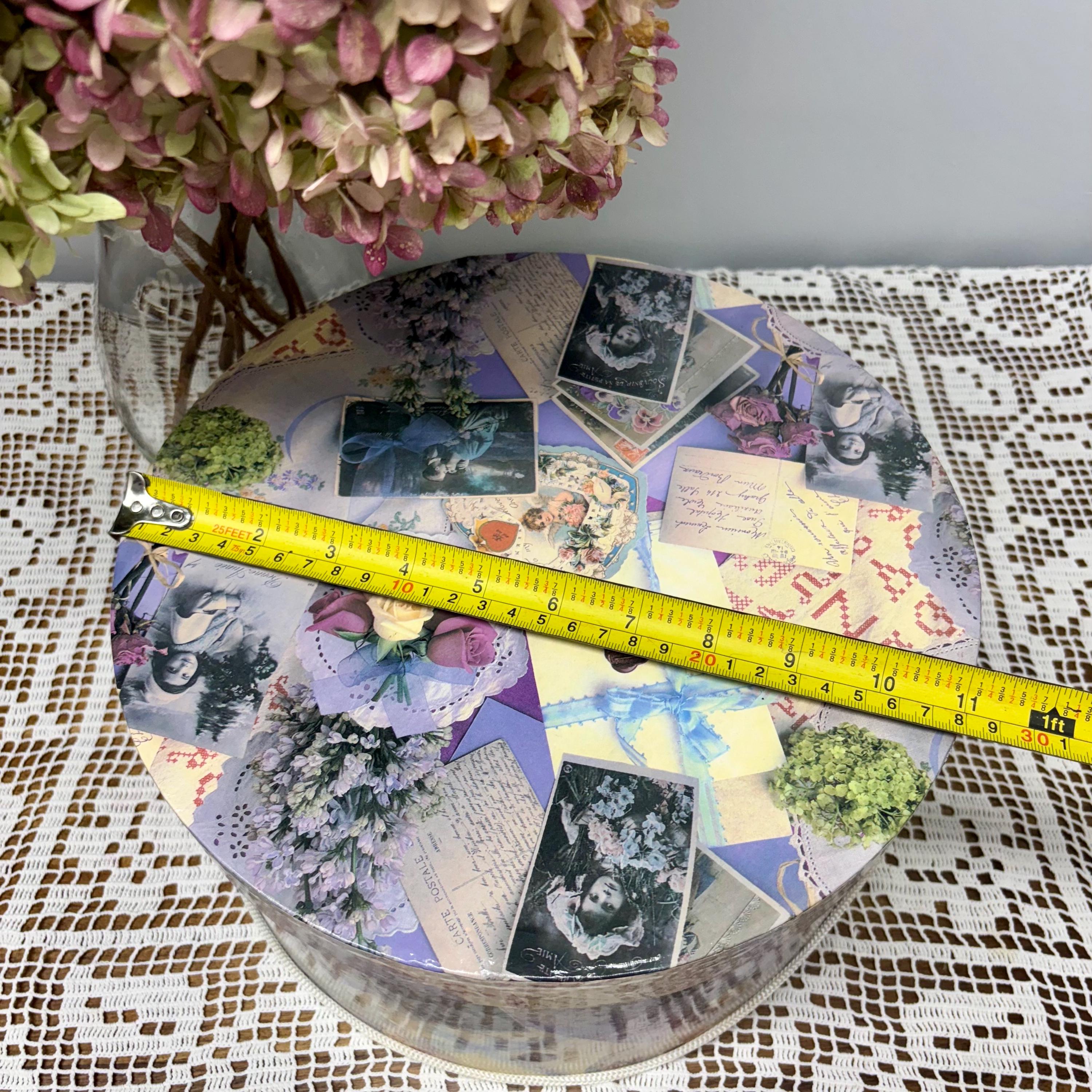 Vintage 1990s Round Hat Box, Decorative Storage Box, Shabby Chic