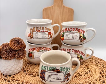 Vintage ceramic soup mug with printed recipe, retro 70s style bowl/cup, sold individually, choice of designs