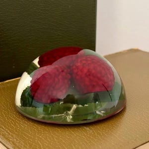 May include: A clear, dome-shaped paperweight containing three realistic red raspberries and several green leaves embedded within the transparent material. The object has a smooth, rounded surface and a flat base, showcasing the fruit and foliage.