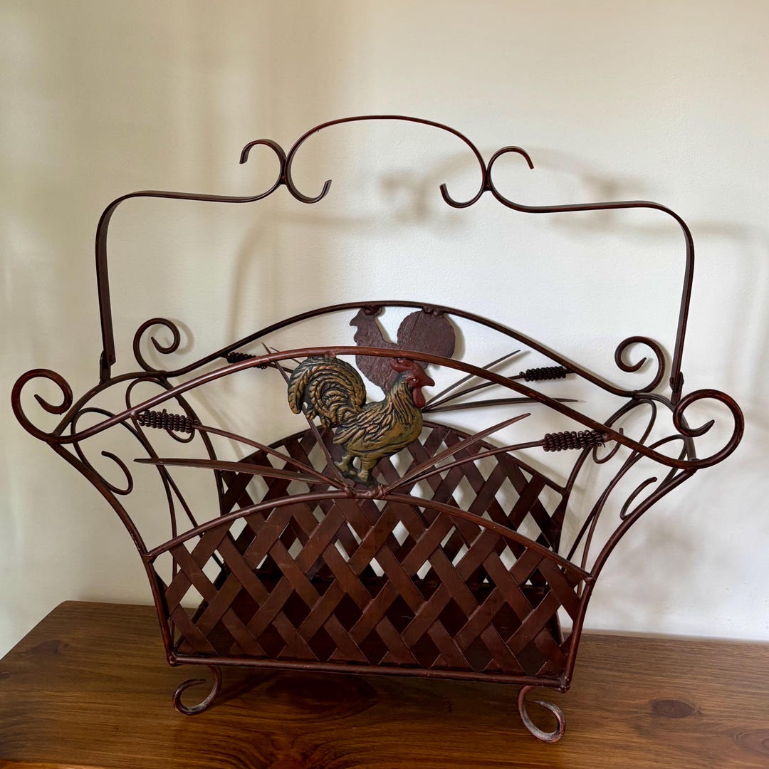 Brown Magazine Rack Brown Metal Magazine Rack in Wrought Iron Style With Decorative Rooster ...