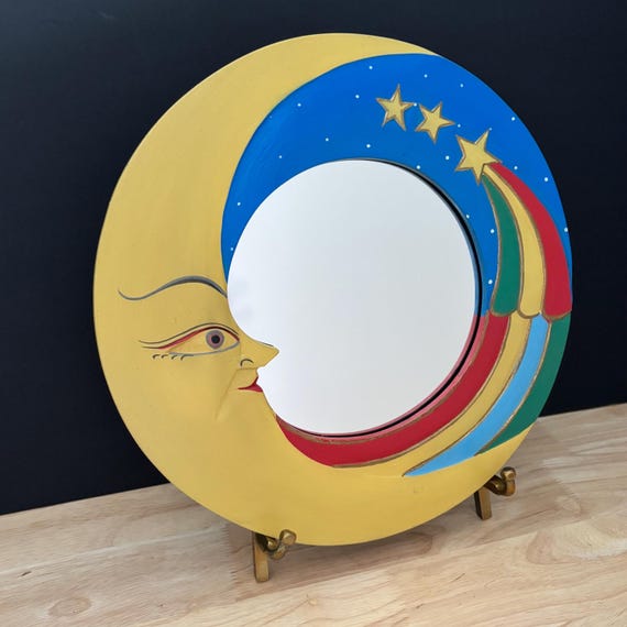 Miroir mural lune soleil vintage années 90 – Décor céleste bohème peint main, miroir boho coloré, décoration mystique