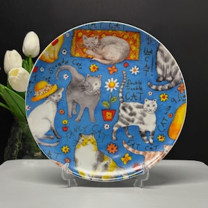 Decorative cat plate, colorful wall decoration, gift for cat lovers, porcelain