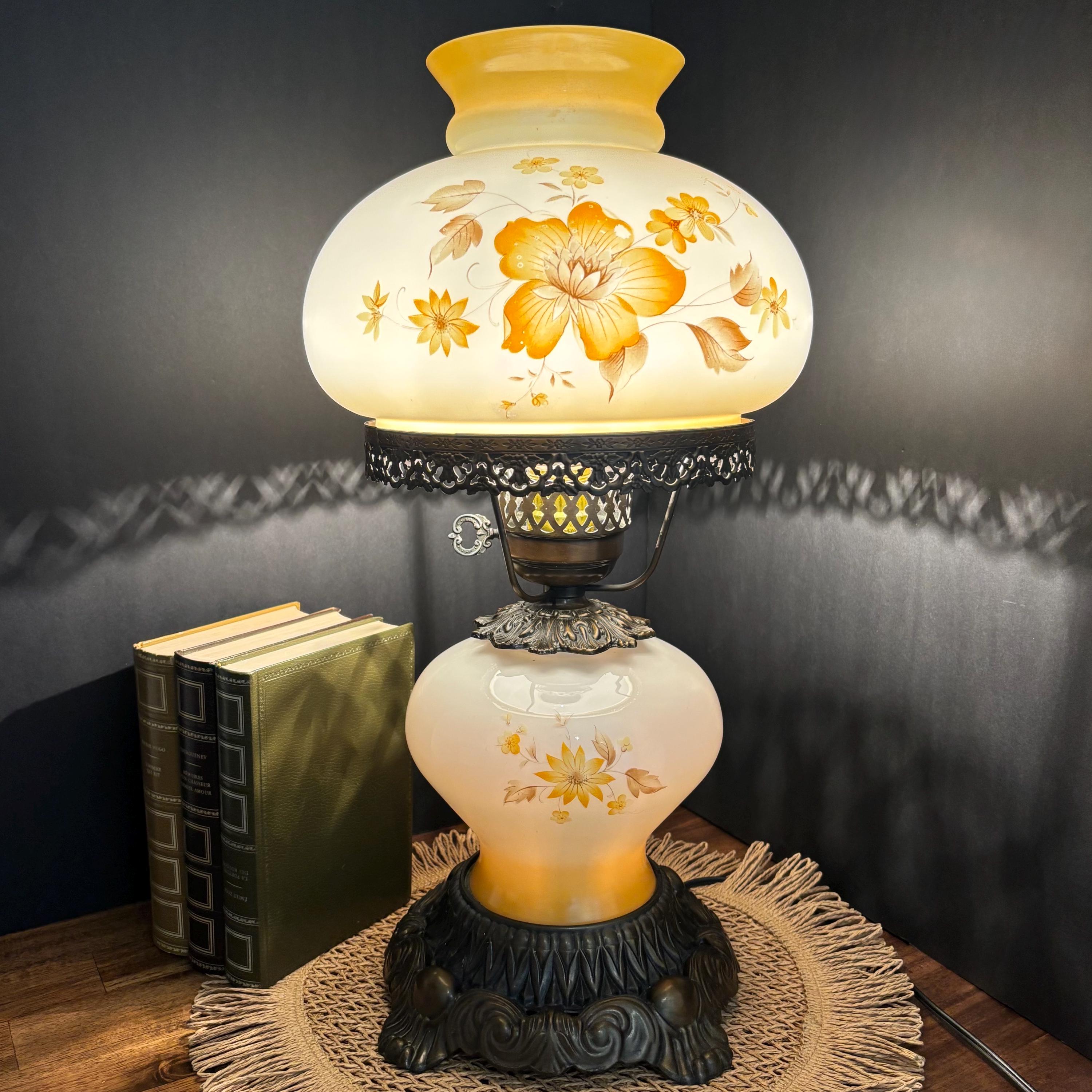 Vintage 1970s Hurricane Style Yellow Floral Glass Lamp GWTW Retro