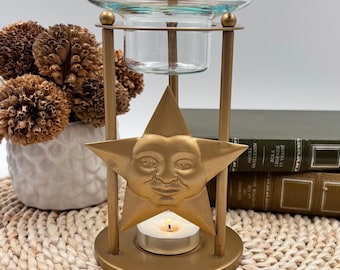 Quemador de aceite con forma de estrella dorada y sol, portavelas decorativo con forma de luna estrellada, difusor de popurrí, decoración celestial vintage para un ambiente zen.