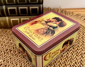 Vintage metal sewing box, retro illustrated haberdashery box, sewing accessory storage, decorative advertising box