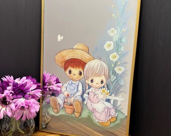 Vintage Precious Moments wall mirror with gold frame, decorative children's mirror with flowers, romantic retro children's room decor