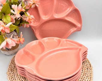 Set of 6 vintage Japanese coral pink divided plates, retro ceramic dining trays