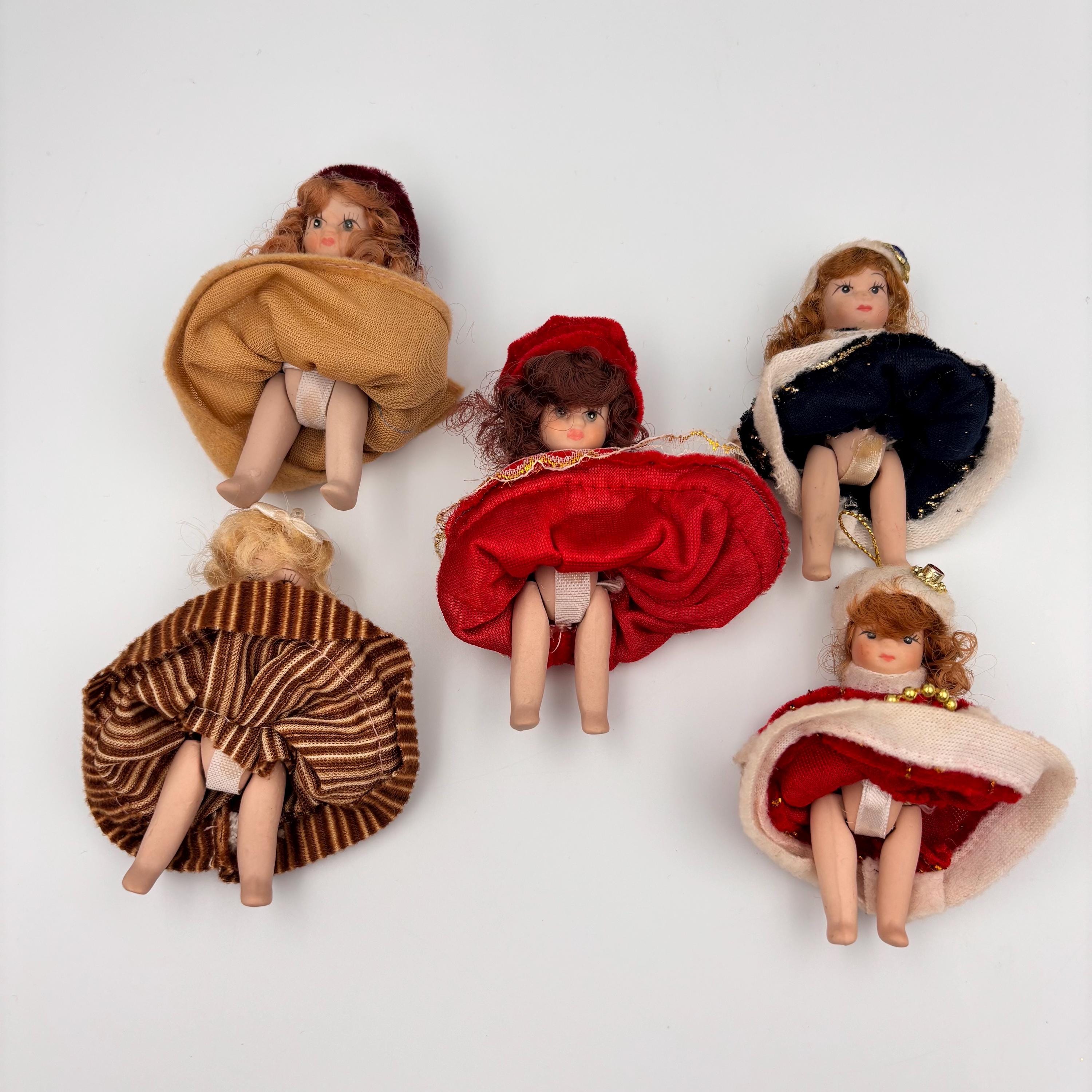 Set of 5 Miniature Articulated Porcelain Dolls, Vintage Dressed
