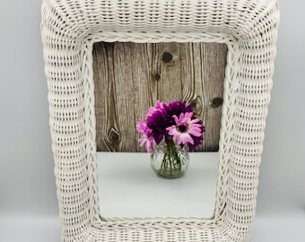 Vintage white rattan wall mirror, wicker mirror, boho mirror, coastal decor, rattan frame, rectangular mirror