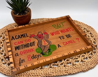 Humorous vintage wooden tray, Camel design, retro kitsch bar decor, 1960s style, decorative wooden appetizer tray