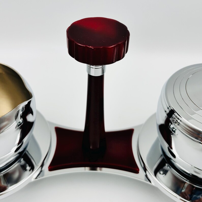 Glo-Hill vintage creamer and sugar bowl, chrome and red bakelite, Mid-Century coffee service with tray and spoon image 5