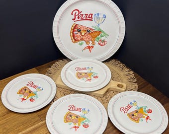 Juego de pizza de 5 piezas: bandeja de 30 cm + 4 platos de 20 cm, decoración de pizza vintage, con caja.