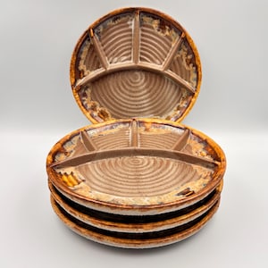 ツンドラ・ローレンシャン陶器製フォンデュプレート4枚セット、ファットラバセラミック、ブラウンオレンジ、1970年代カナダデザイン