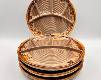 Assiettes fondue Poterie Laurentienne Tundra lot de 4 céramique Fat Lava brun orange années 70 design canadien