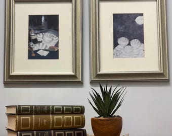 Set of 2 vintage cat frames, framed naive art, wall decoration for cat lovers