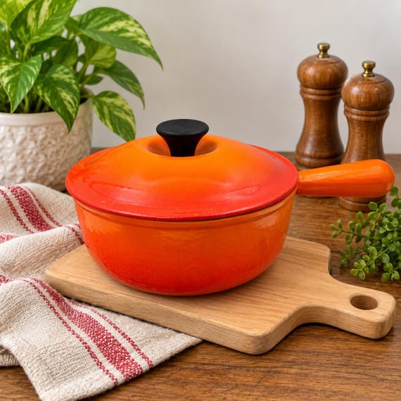 Vintage Le Creuset Saucepan No. 20, Volcanic Orange, Enameled Cast