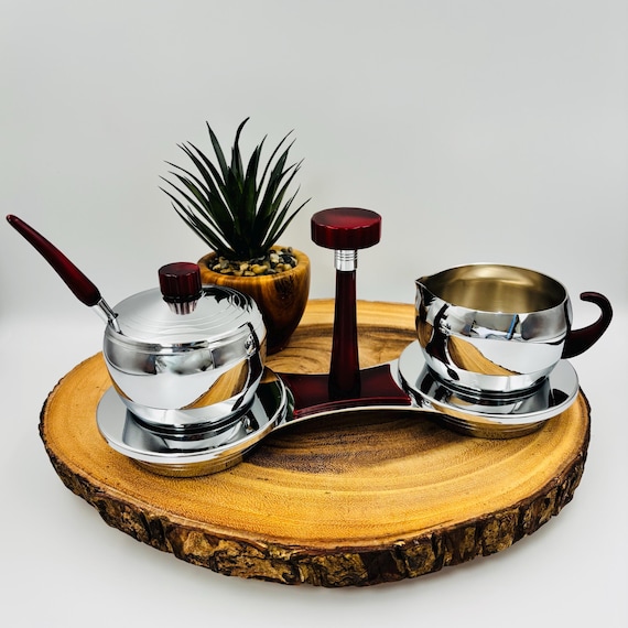 Glo-Hill crémier et sucrier vintage, chrome et bakélite rouge, service à café Mid Century avec plateau et cuillère