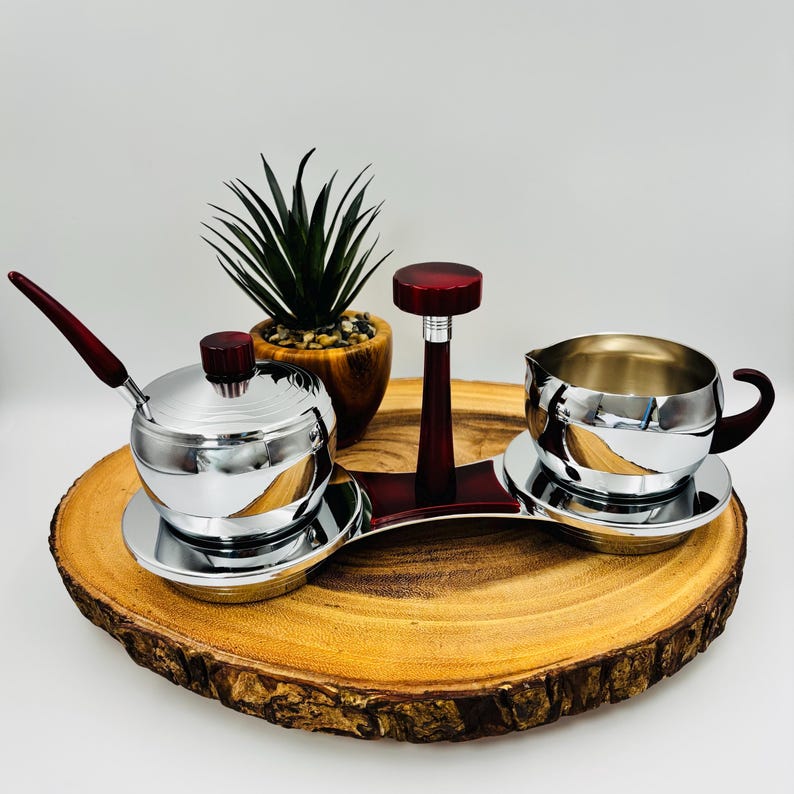 Glo-Hill vintage creamer and sugar bowl, chrome and red bakelite, Mid-Century coffee service with tray and spoon image 1