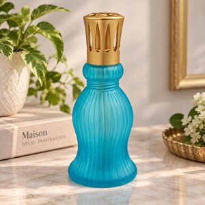 Vintage Lampe Berger, turquoise blue aqua perfume lamp, frosted ribbed glass, fragrance lamp, catalytic diffuser