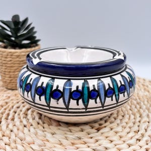 Tunisian-style covered ashtray, hand-painted pottery, turquoise and black ceramic, Mediterranean Berber decor