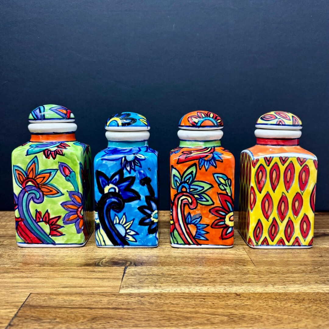 Set of 4 Colorful Ceramic Spice Jars From India | Hand-painted | Boho ...