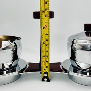 Glo-Hill vintage creamer and sugar bowl, chrome and red bakelite, Mid-Century coffee service with tray and spoon image 12