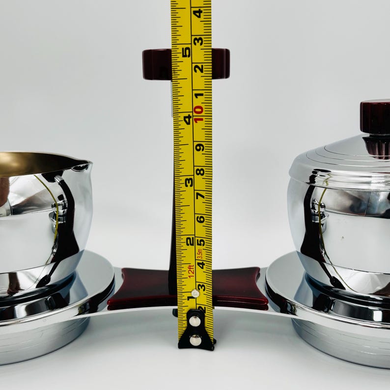 Glo-Hill vintage creamer and sugar bowl, chrome and red bakelite, Mid-Century coffee service with tray and spoon image 12