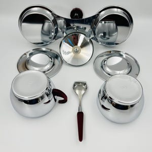 Glo-Hill vintage creamer and sugar bowl, chrome and red bakelite, Mid-Century coffee service with tray and spoon image 10
