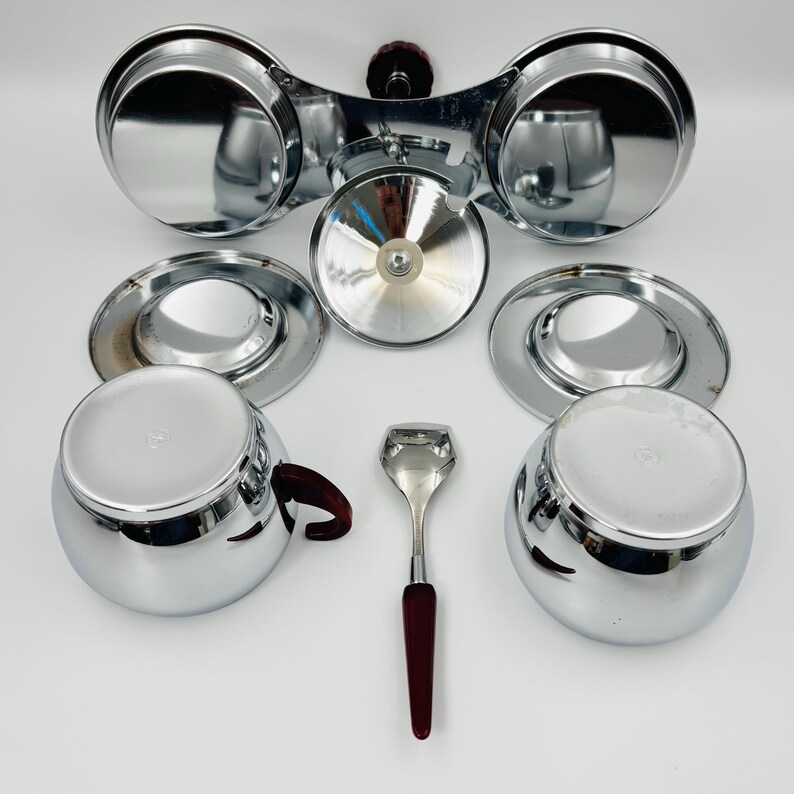 Glo-Hill vintage creamer and sugar bowl, chrome and red bakelite, Mid-Century coffee service with tray and spoon image 10