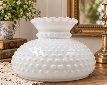 Globo de repuesto grande de estilo vintage, apertura de 24 cm, cristal opalino blanco con lunares, pantalla festoneada, cristal lechoso con relieve.