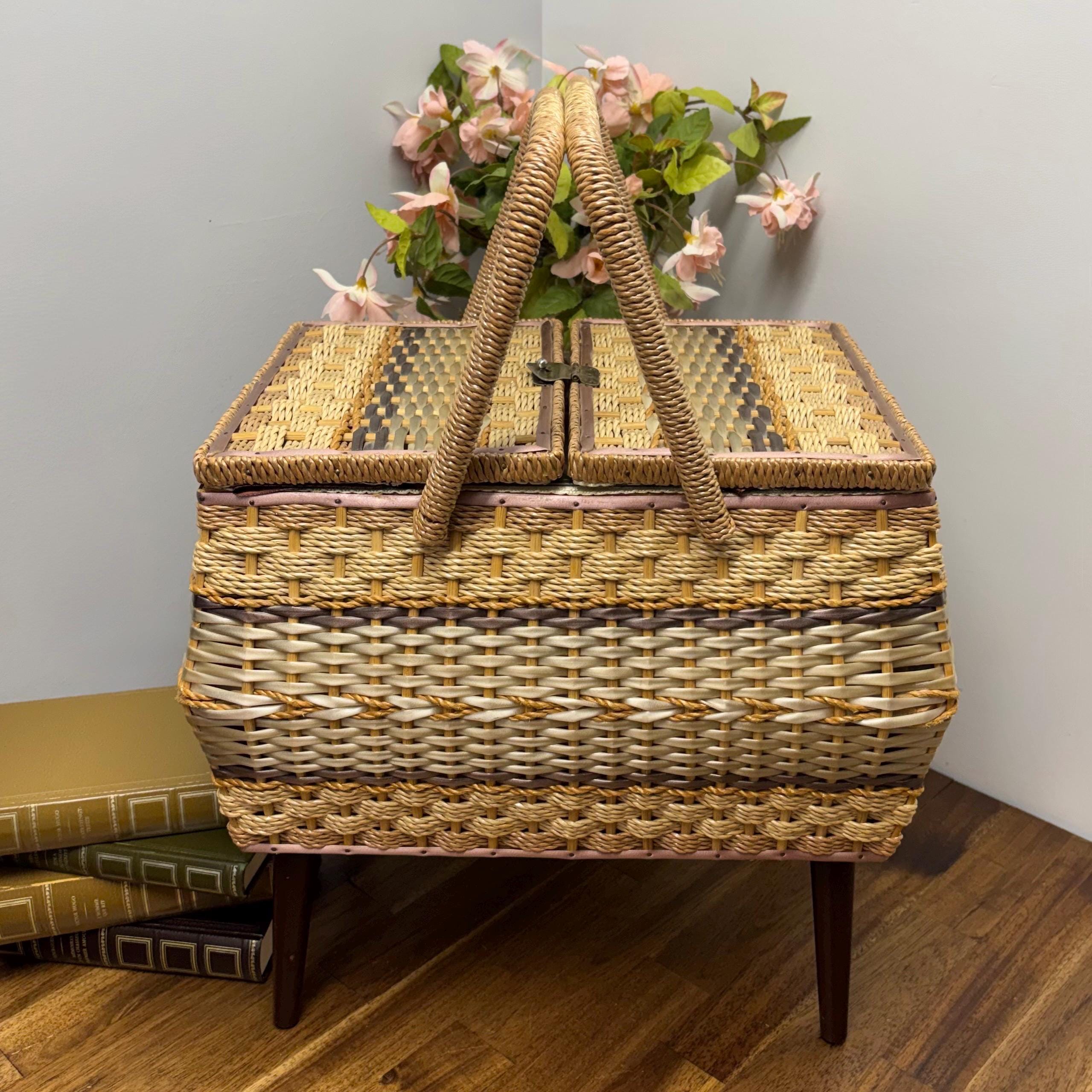 Panier De Pêche à Mouches Vintage - Osier Et Cuir, Style Crémaillère