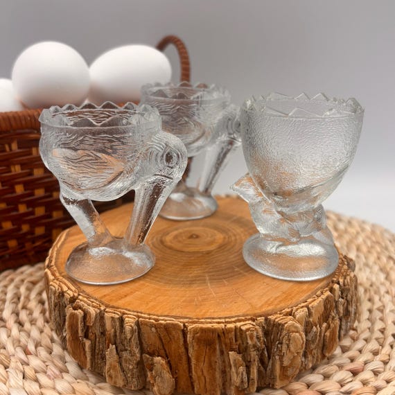 Vintage-Eierbecher, 3er-Set, Pressglas, Storch- und Hühnermotiv, Retro-Vogelkollektion, Küche