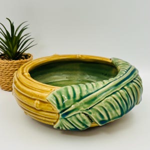 Jardinière vintage en majolique, pot à bonsaï, cache-pot feuille tropicale, céramique verte et jaune, style asiatique