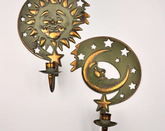 Bougeoirs muraux soleil lune Partylite années 90 laiton décor bohème céleste appliques murales ensemble 2