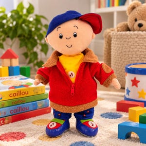 May include: A plush doll featuring a bald head, wearing a blue baseball cap, a yellow shirt, a red fleece jacket with brown trim, and blue pants. The doll has musical note icons on its chest and shoes. The doll stands upright on a surface.