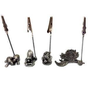 Vintage tinplate metal photo holder with cat, dog, turtle, and flower design | Retro desk note holder | Decorative photo clip | Small office gift
