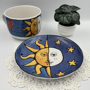 Large Celestial Sun and Moon Cup and Saucer, Ursula Dodge Signature Housewares, Blue Star Coffee Mug, Celestial Sun and Moon