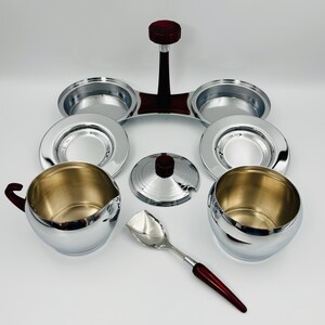 Glo-Hill vintage creamer and sugar bowl, chrome and red bakelite, Mid-Century coffee service with tray and spoon image 7