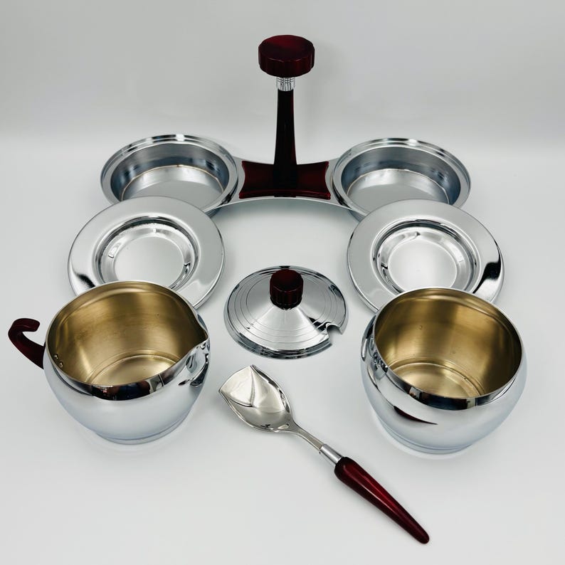Glo-Hill vintage creamer and sugar bowl, chrome and red bakelite, Mid-Century coffee service with tray and spoon image 7