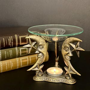 Vintage moon and star oil burner, metal and glass fragrance diffuser, mystical boho wax warmer, celestial decoration